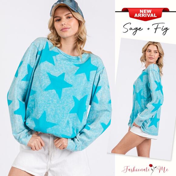 SAGE + FIG Mineral Wash Star Graphic Print Long Sleeves T-Shirt | Aqua Blue - Picture 1 of 6